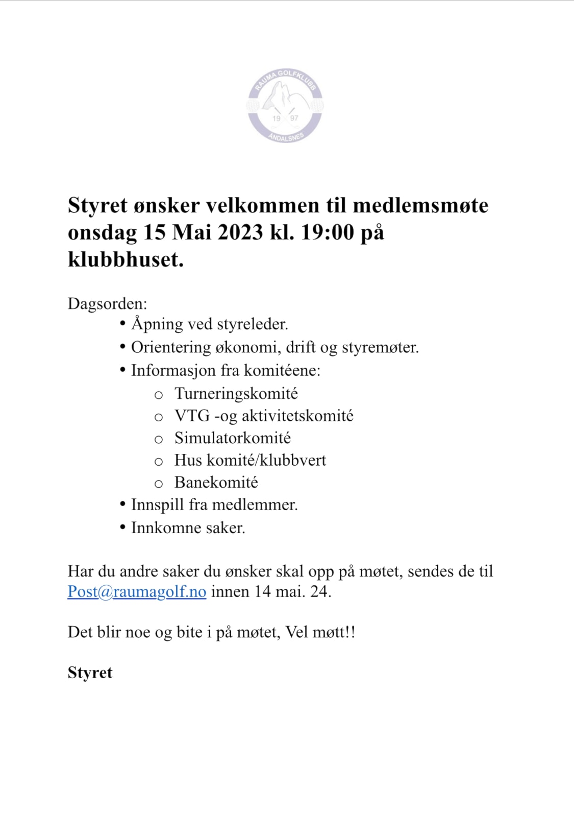 Medlemsmøte 15 mai.